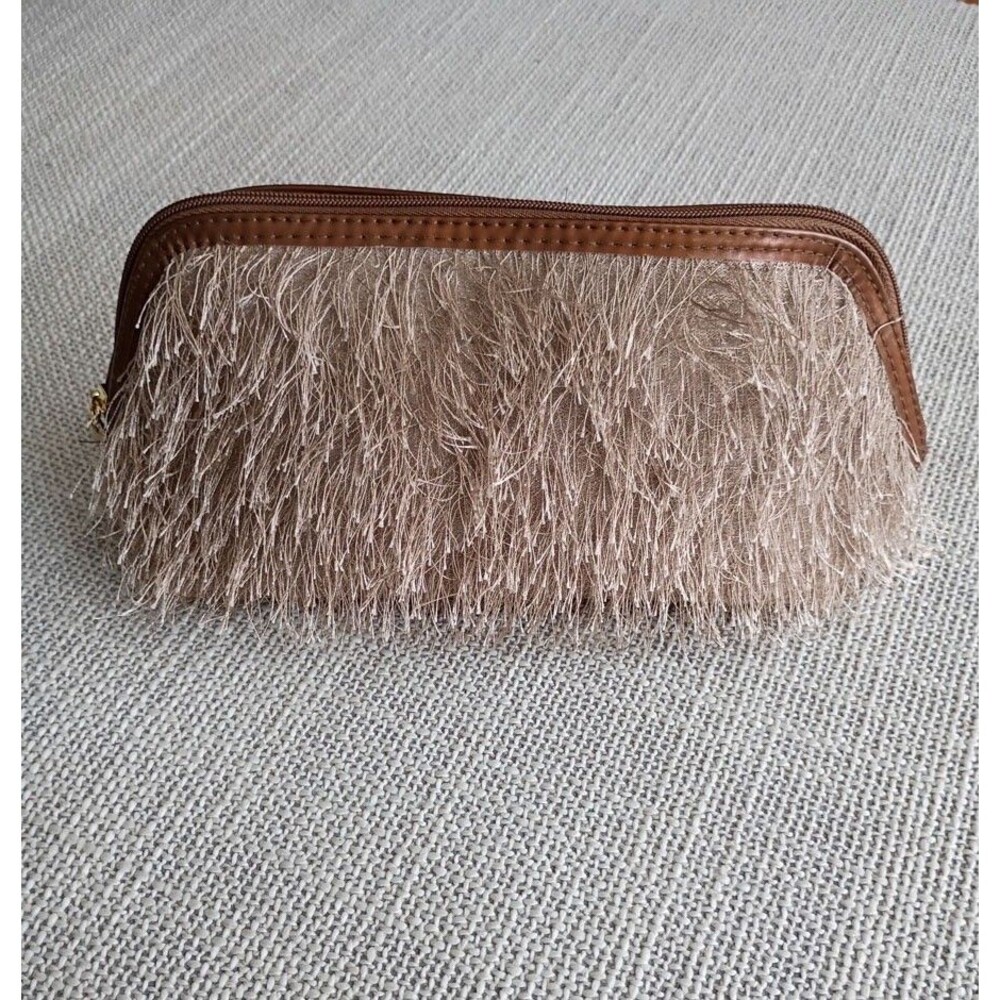 LANCOME Taupe Brown Faux Feather Gringe Makeup pouch bag gold zipper Lux | NEW